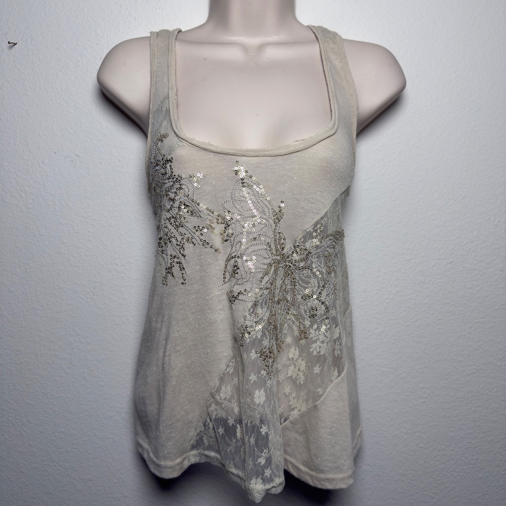 Anthropologie Women Festival Tank Top Small Tan Sheer Sequins‎ Lace Mesh Western